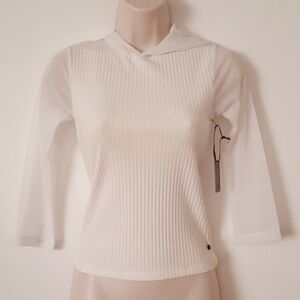 White Ribbed Top with Mesh Hoodie